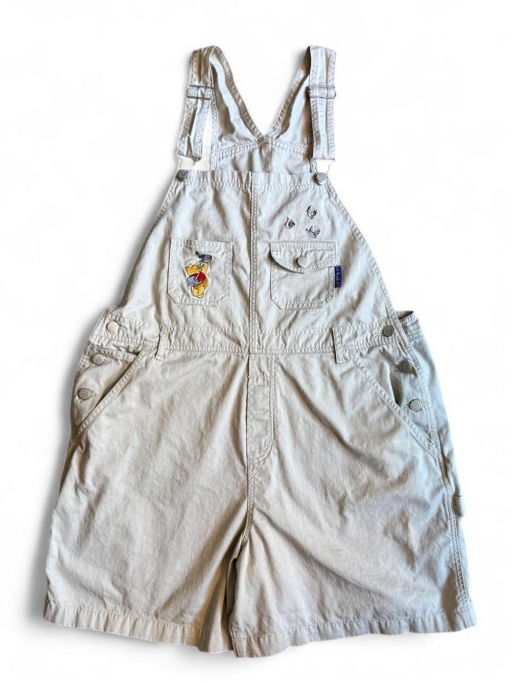 Vintage Disney Light Cream Short Overalls with Winnie the Pooh Patch